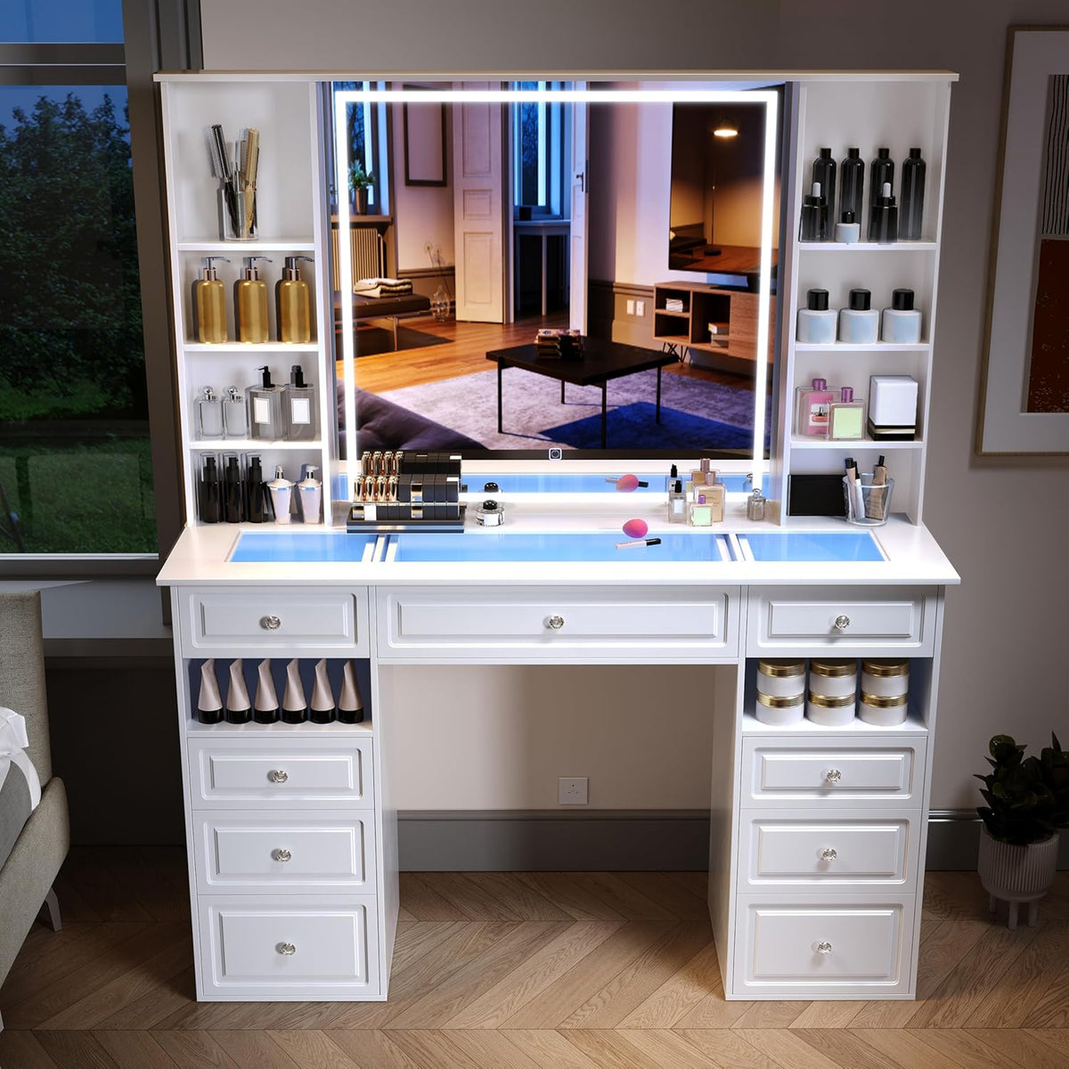 Vanity Desk With Mirror And Lights, Glass Top, 9 Drawers, White