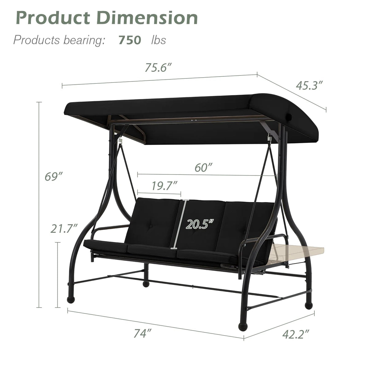 AECOJOY 3-Person Steel Canopy Porch Swing Glider Hammock