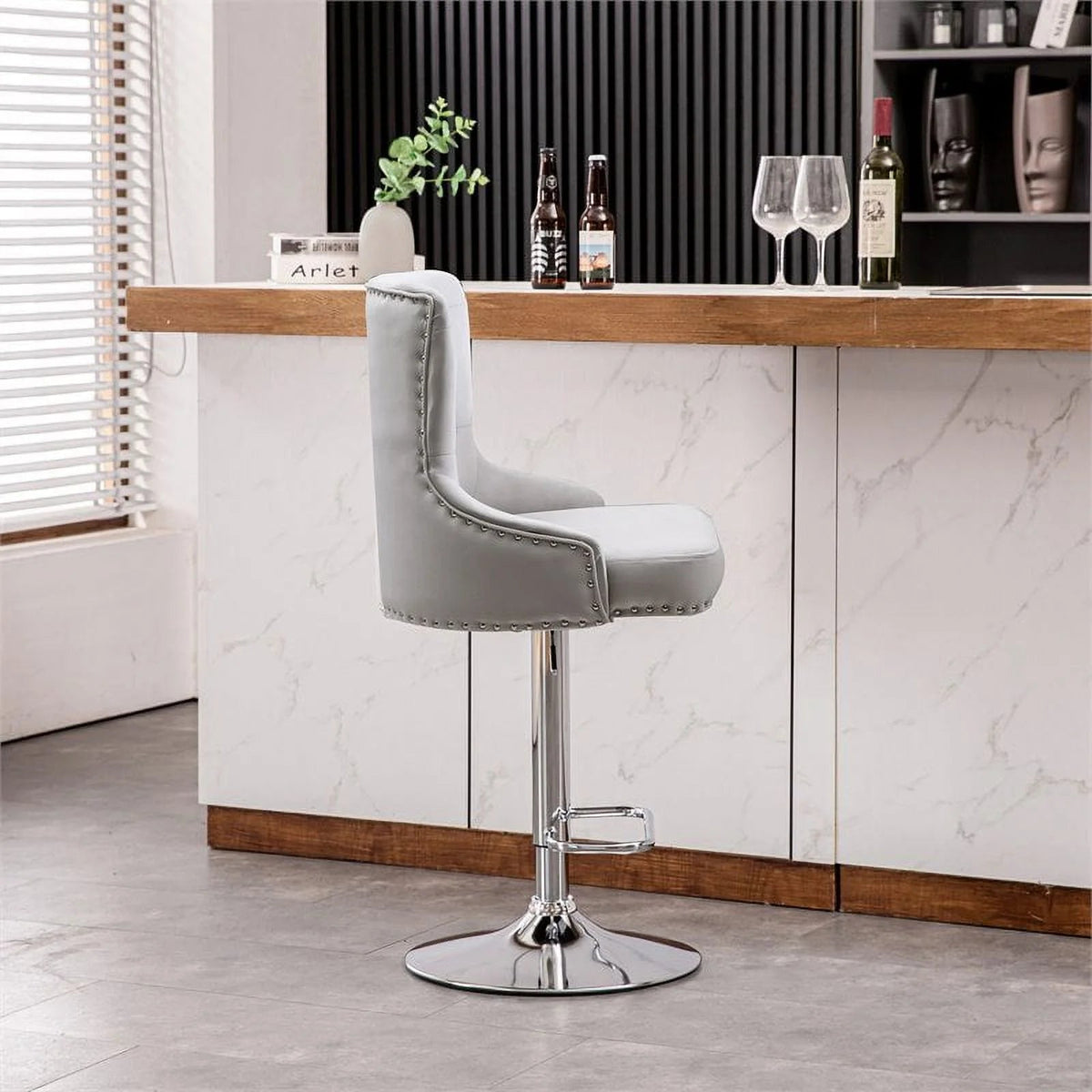 Alexent 2-Piece Swivel Bar Stools, Dark Blue, 43.7-51.6 H, 19.3 W x 18.1 D - Silver Footrest