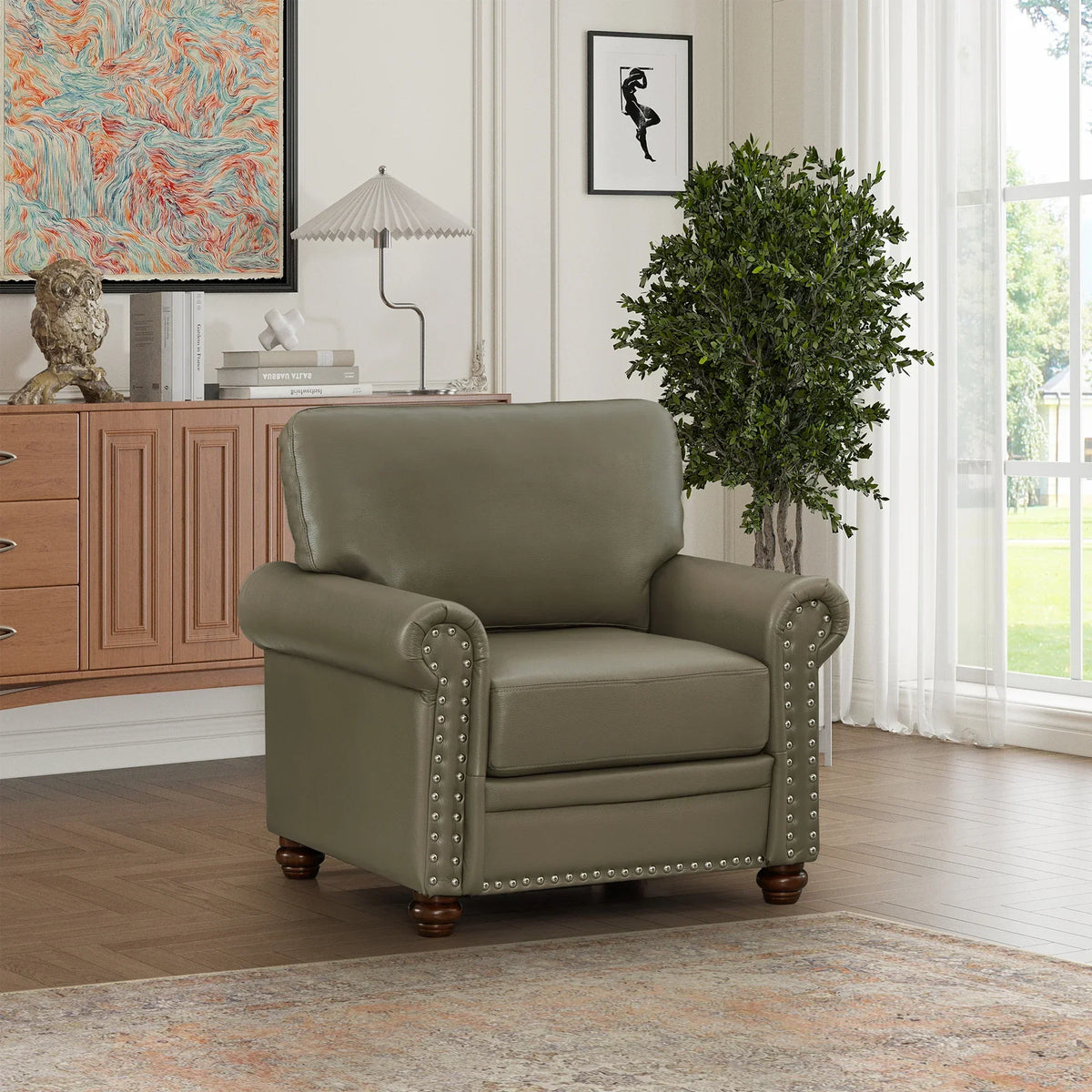 Single Seat Living Room Sofa Chair With Wood Legs, Grey Faux Leather