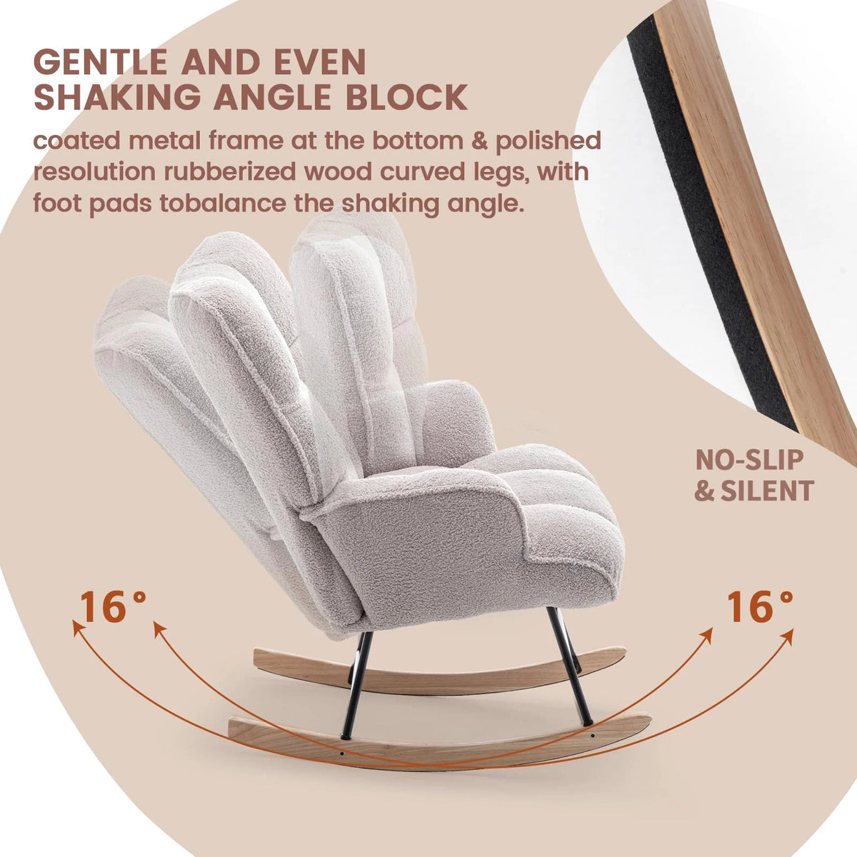 SAETSFEG Nursery Rocking Chair, Grey Teddy Fabric, High Backrest - Rocking Chair