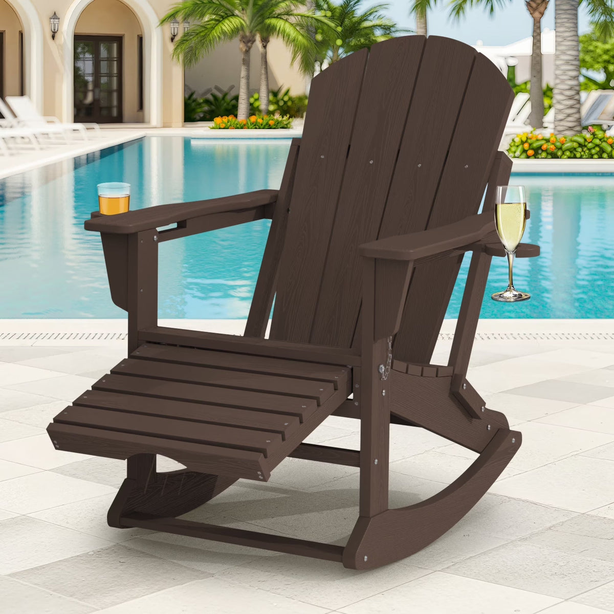 KINGYES Folding Adirondack Rocker Chair Set Of 2 With Footrest And Dual Cup Holders - Black