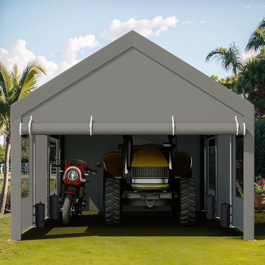 JY QAQA Heavy Duty Carport 12x20 FT With Removable Side Walls And Doors, Grey