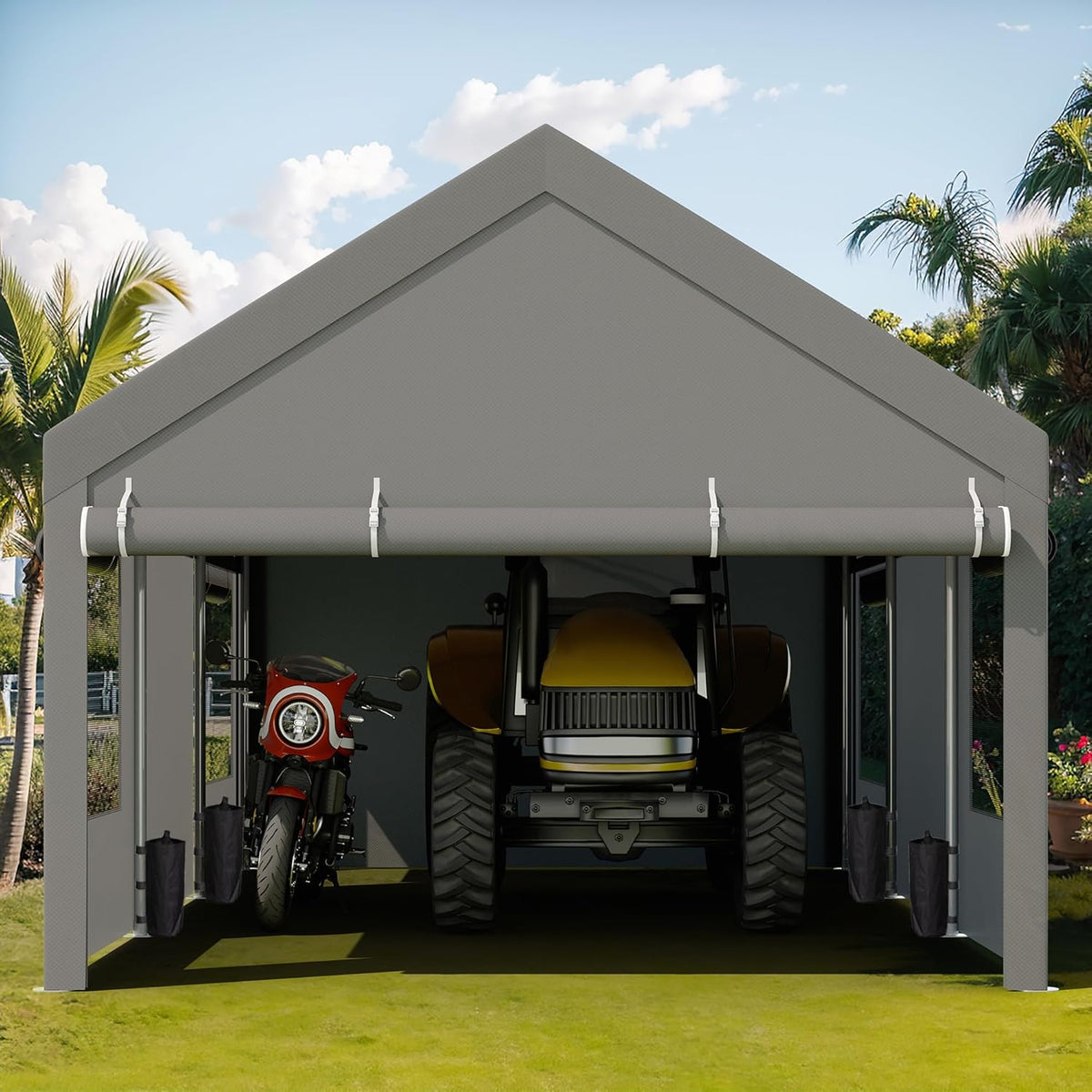 JY QAQA Heavy Duty Carport 12x20 FT With Removable Side Walls And Doors, Grey