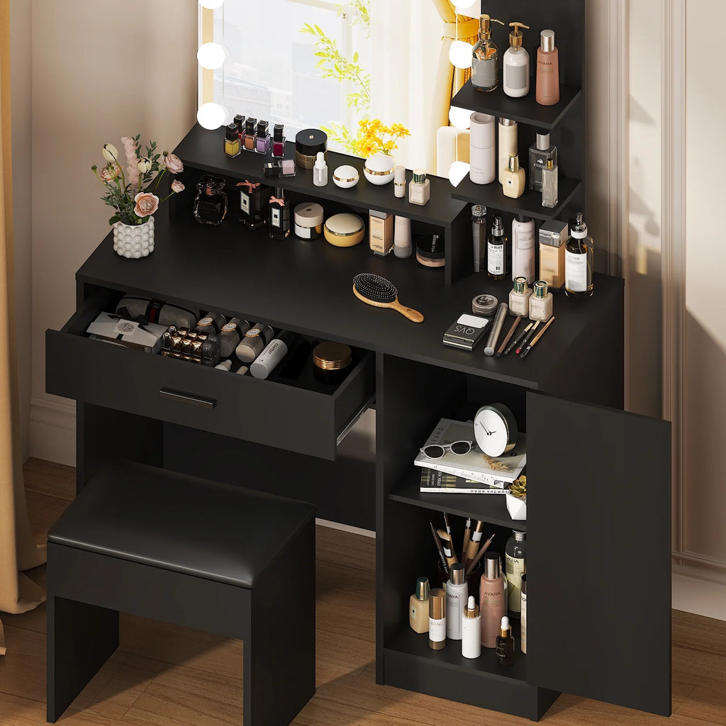 Ktaxon Vanity Makeup Table With Stool, 3-Color Lighted Mirror, 3 Shelves, Drawers, White - 35.43 x 15.55 x 29.53-53.27 in