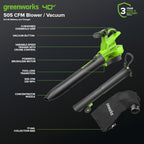 Greenworks 40V Cordless Brushless Leaf Blower Vacuum With Bag, 230 MPH, 505 CFM, 5.0Ah Battery And Charger