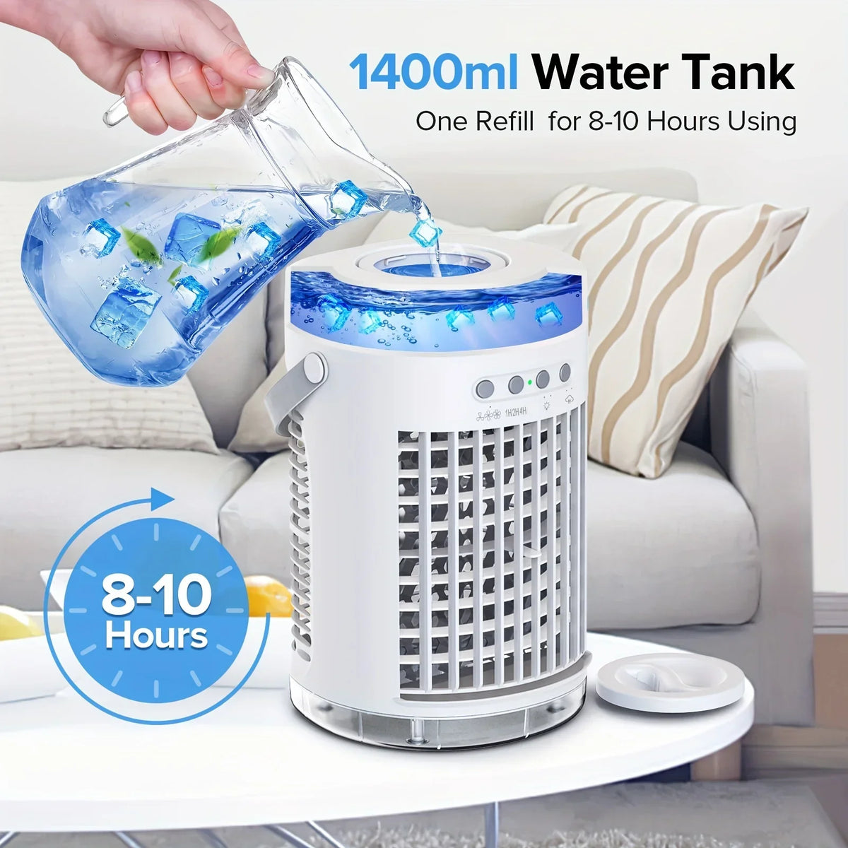 Portable Evaporative Cooler, 1400ml, 3 Speeds, USB, Remote, 7 LED Lights