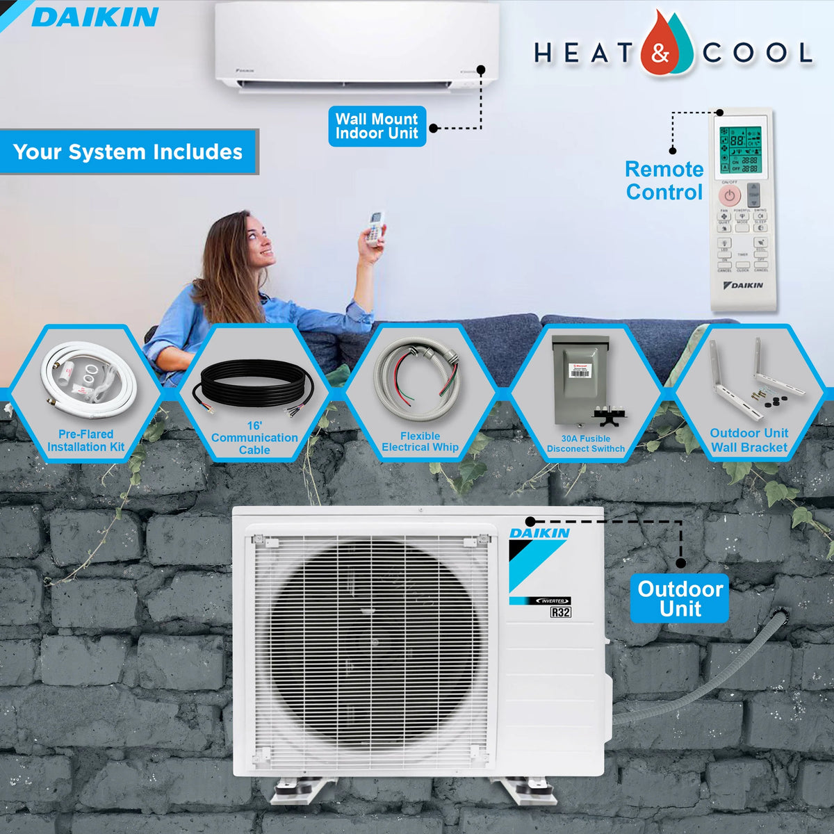 Daikin Ductless Mini-Split Air Conditioner 18000 BTU 18 SEER2 R32 - FTXC18AXVJU/RXC18AXVJU