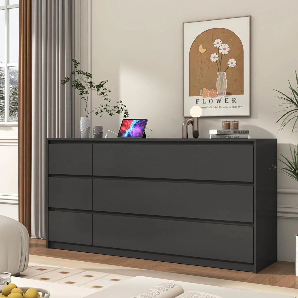 ChVans 9-Drawer Dresser With Charging Station, Black, 63in x 15.7in x 31.5in