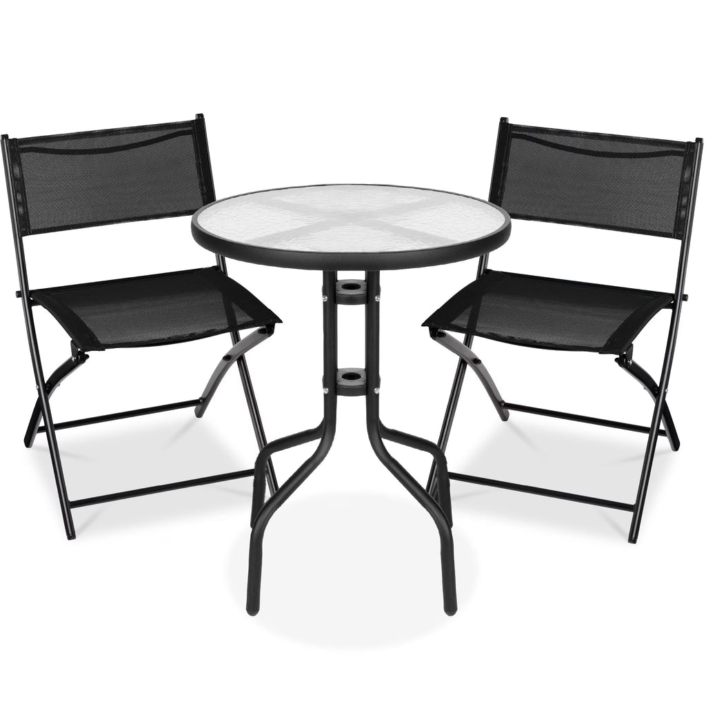 Best Choice Products 3-Piece Patio Bistro Dining Set With Glass Tabletop And Folding Chairs - Gray