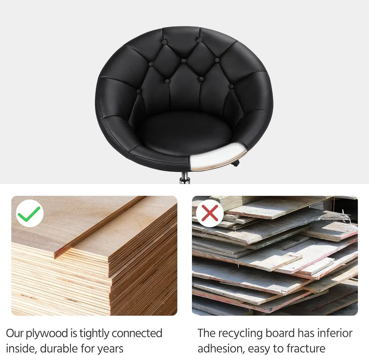 HOMEZY Tufted Swivel Vanity Chair, Black - Height Adjustable, 360-Degree