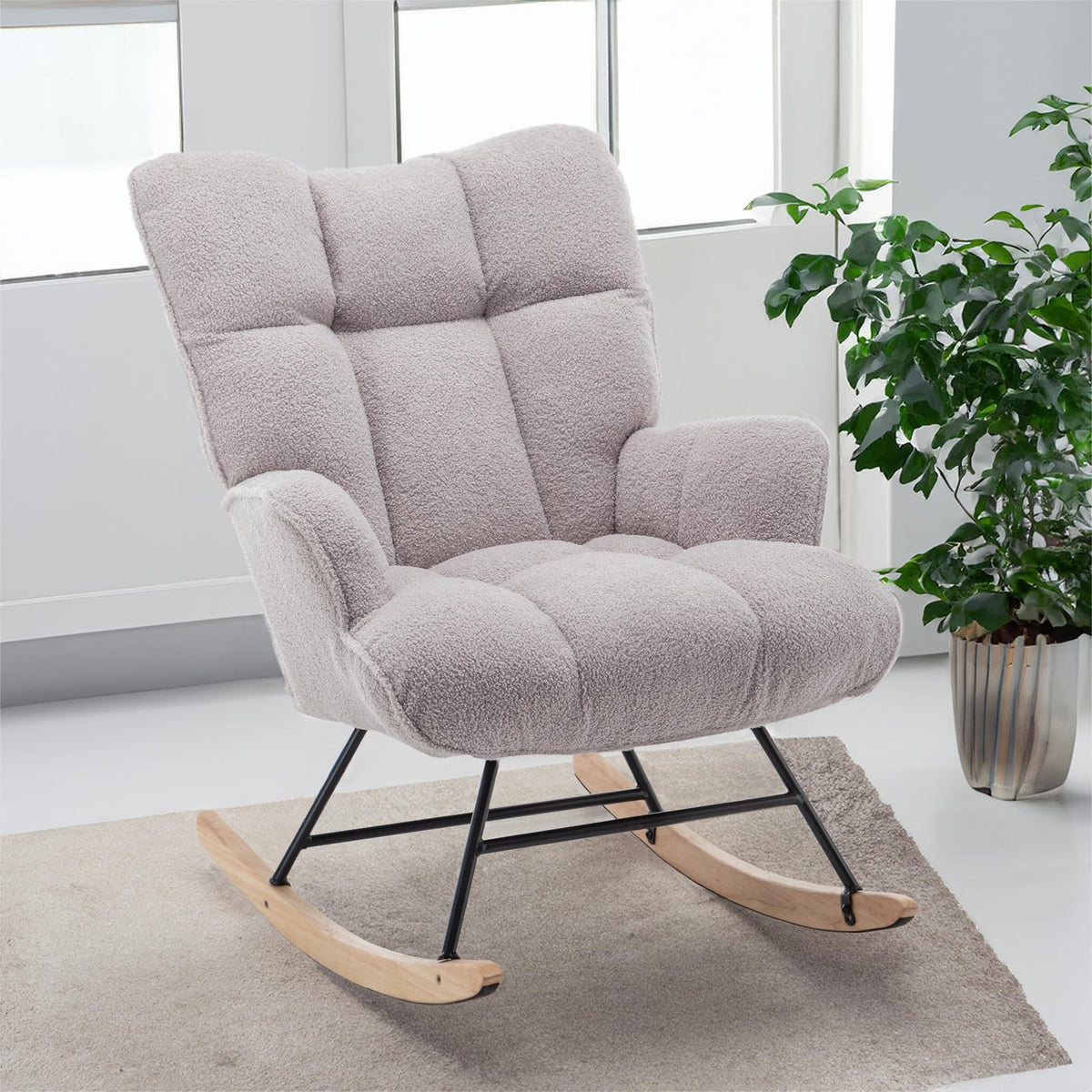 SAETSFEG Nursery Rocking Chair, Grey Teddy Fabric, High Backrest - Rocking Chair