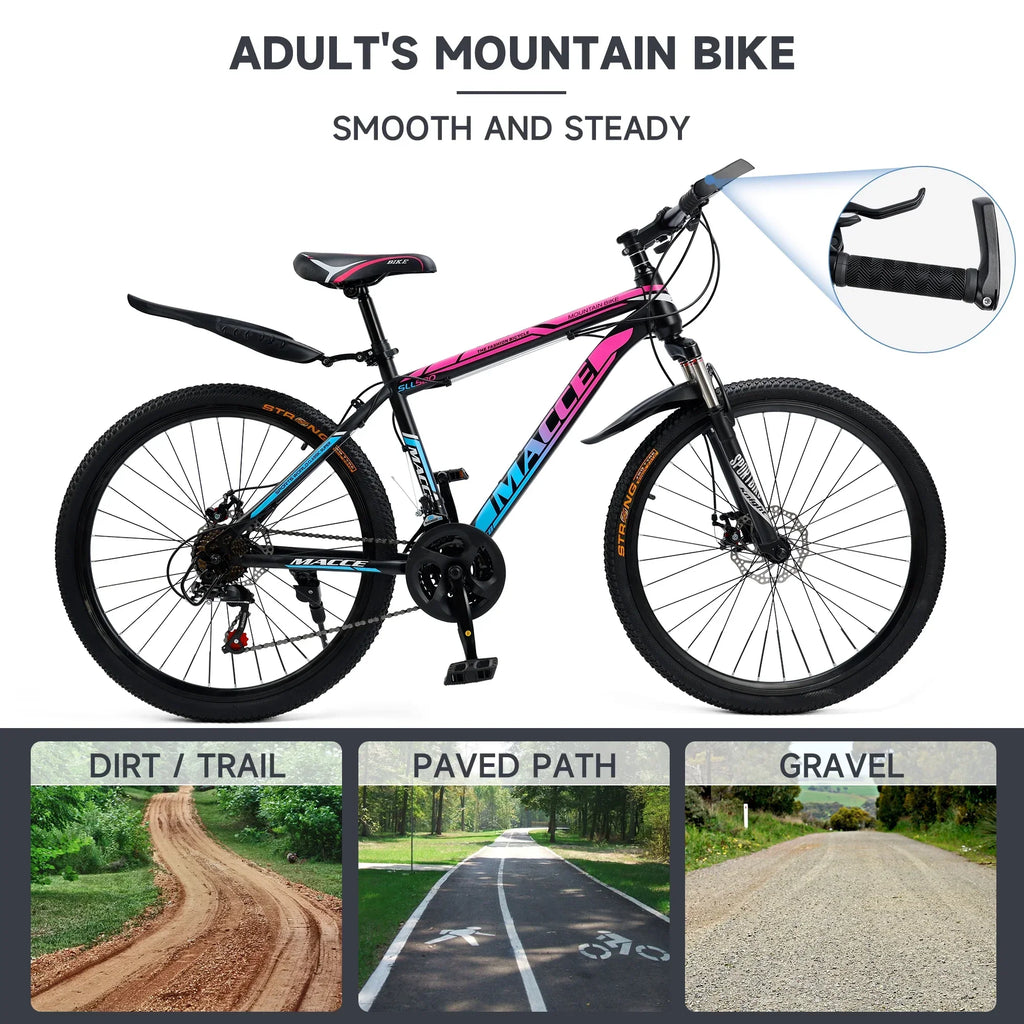 ARTUDATECH 24/26/27.5 Inch Mountain Bike, 24 Speeds, V/Disc Brakes, High-Carbon Steel Frame - Trailblazer