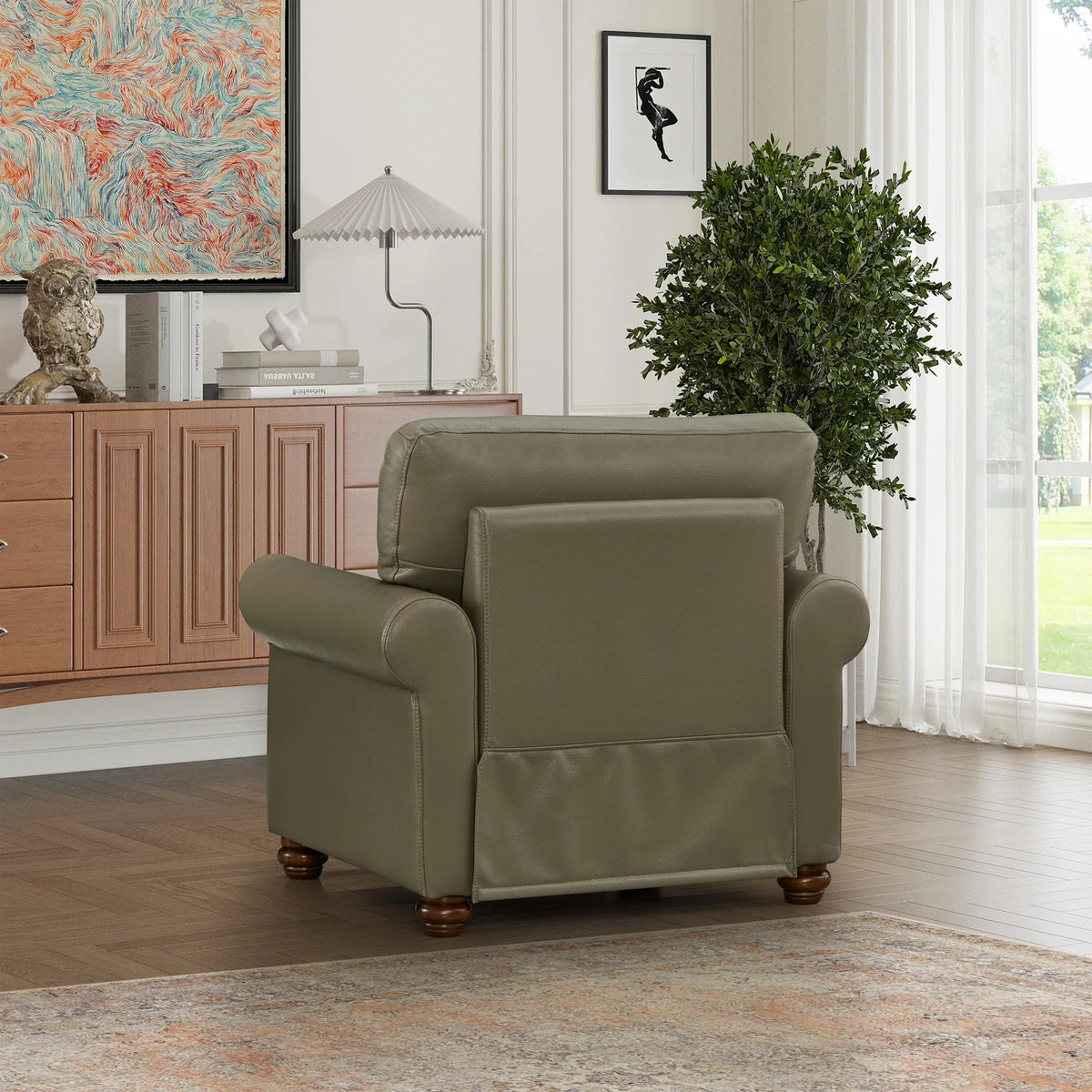 Single Seat Living Room Sofa Chair With Wood Legs, Grey Faux Leather