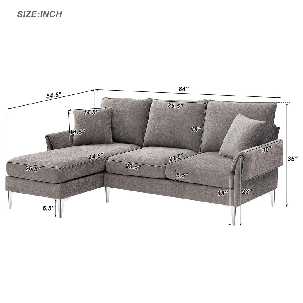 Churanty Convertible L-Shaped Sectional Sofa With Reversible Chaise Lounge, 84 Inch