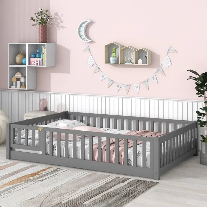 Uhomepro Full Size Wood Floor Bed Frame With Fence And Door - Gray/White/Natural/Espresso