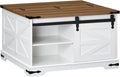 HOOBRO Farmhouse Lift-Top Coffee Table With Sliding Barn Door, White And Walnut, 31.3in L x 31.5in W x 19.7in H - WH80KF01