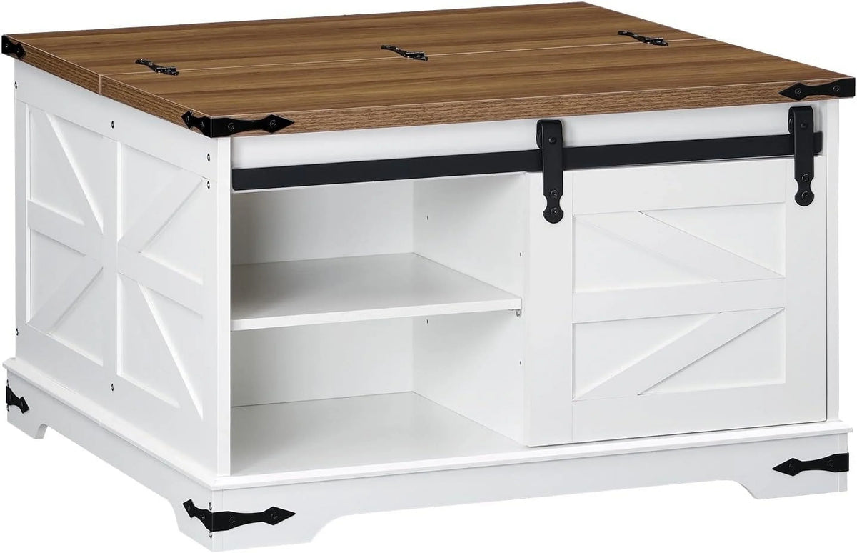 HOOBRO Farmhouse Lift-Top Coffee Table With Sliding Barn Door, White And Walnut, 31.3in L x 31.5in W x 19.7in H - WH80KF01