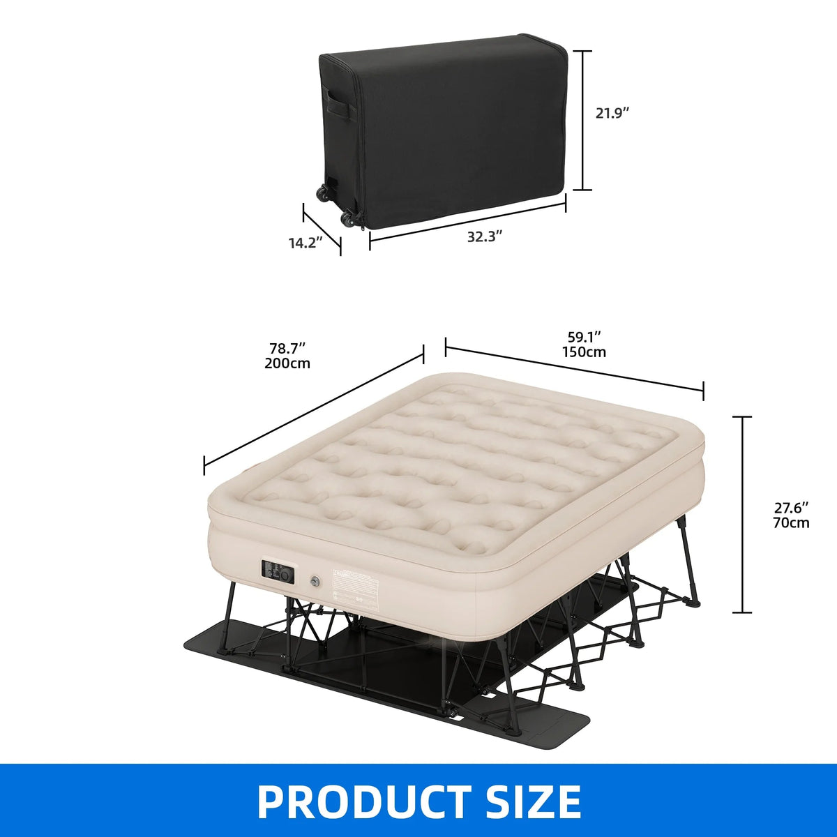 Dextrus Inflatable Queen Air Mattress With Built-In Pump, Steel Frame, Velvet Surface, Khaki