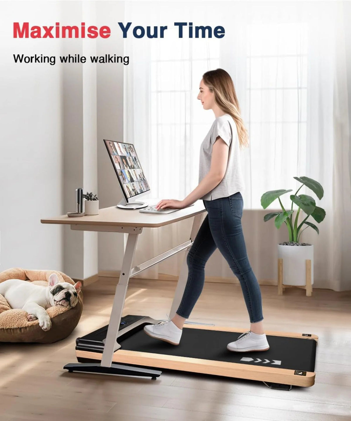 Ecotronic Indoor Electric Walking Pad With Natural Wood Finish, 2.25HP Motor, LED Display, Remote Control And Incline