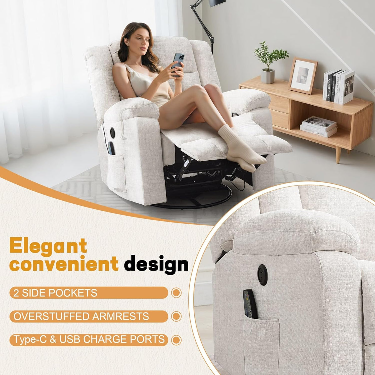 Korser Swivel Rocker Recliner Chair With Massage, Heating, USB Charging And Storage