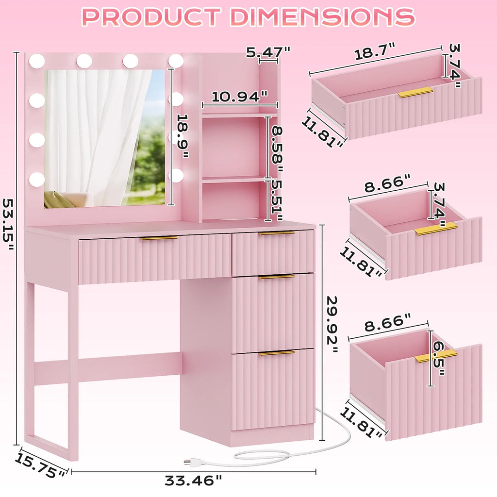 Ktaxon Vanity Makeup Table With Stool, 3-Color Lighted Mirror, 3 Shelves, Drawers, White - 35.43 x 15.55 x 29.53-53.27 in