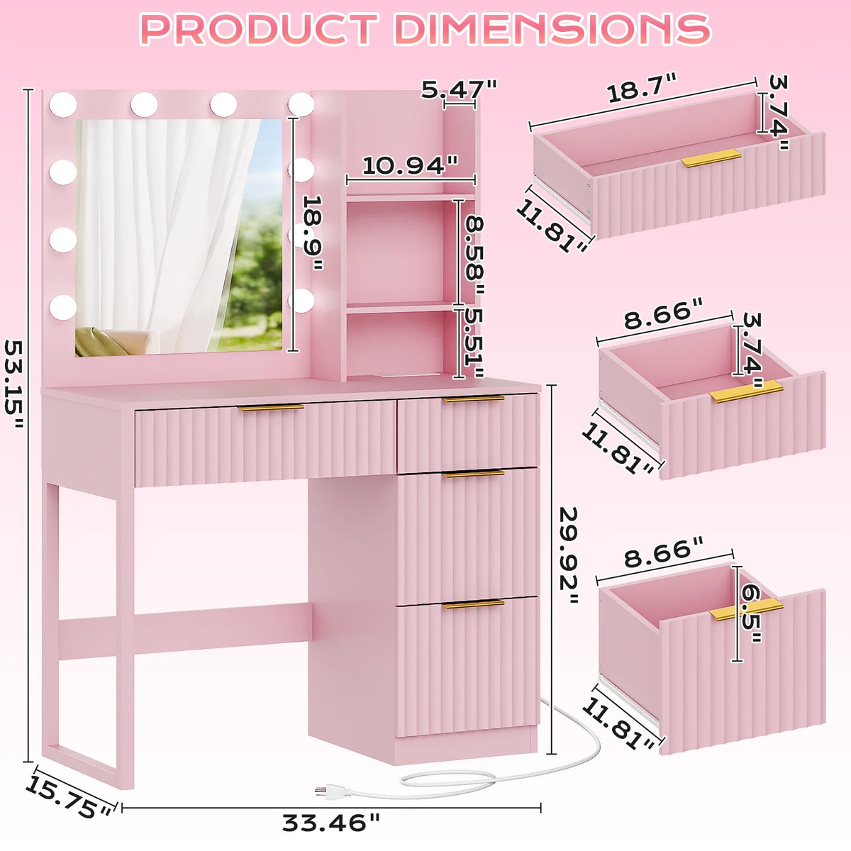 Ktaxon Vanity Makeup Table With Stool, 3-Color Lighted Mirror, 3 Shelves, Drawers, White - 35.43 x 15.55 x 29.53-53.27 in