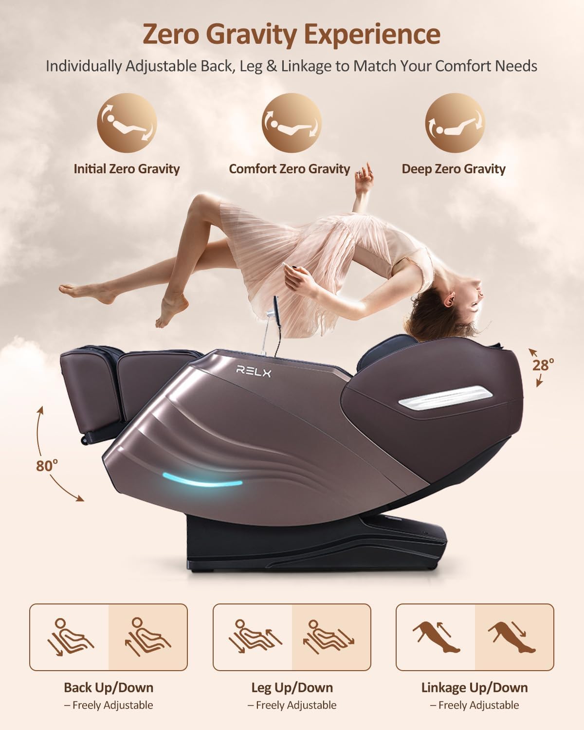 RELX Full Body Massage Chair, 20 Modes, 53-inch SL-Track, Brown