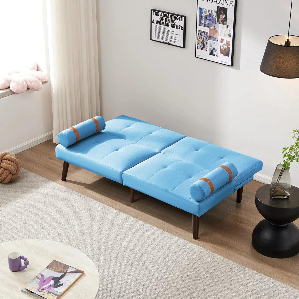 Blue Linen Convertible Futon Sofa Bed With Solid Wood Legs - 65.7in L x 32.2in W x 30in H