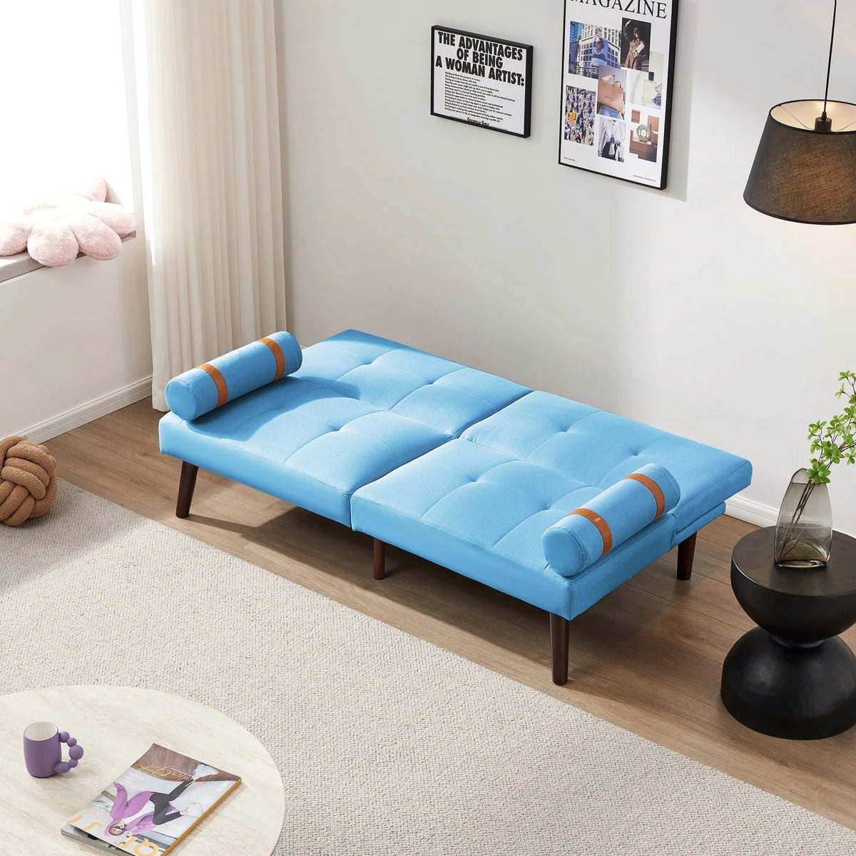 Blue Linen Convertible Futon Sofa Bed With Solid Wood Legs - 65.7in L x 32.2in W x 30in H