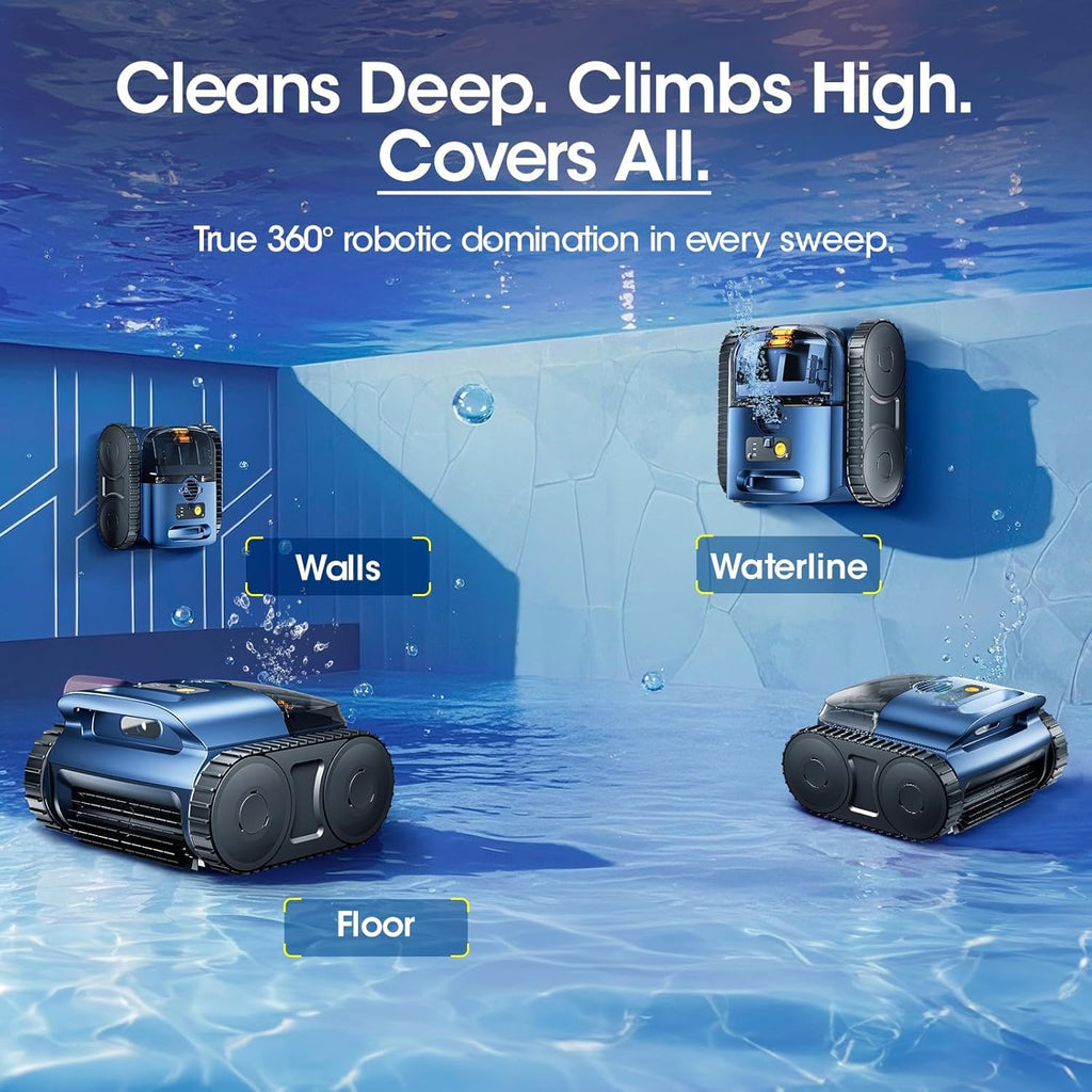 Cordless Robotic Pool Vacuum Cleaner With Track Drive, Sonar Navigation, 180W Brushless Motor, 150-Min Runtime, Dark Blue
