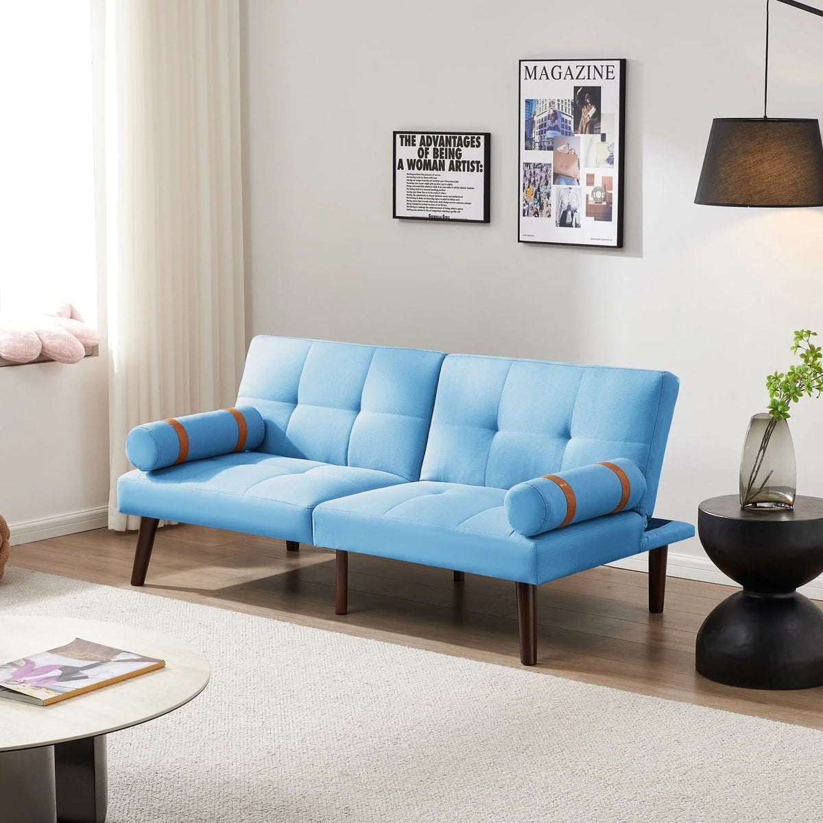 Blue Linen Convertible Futon Sofa Bed With Solid Wood Legs - 65.7in L x 32.2in W x 30in H