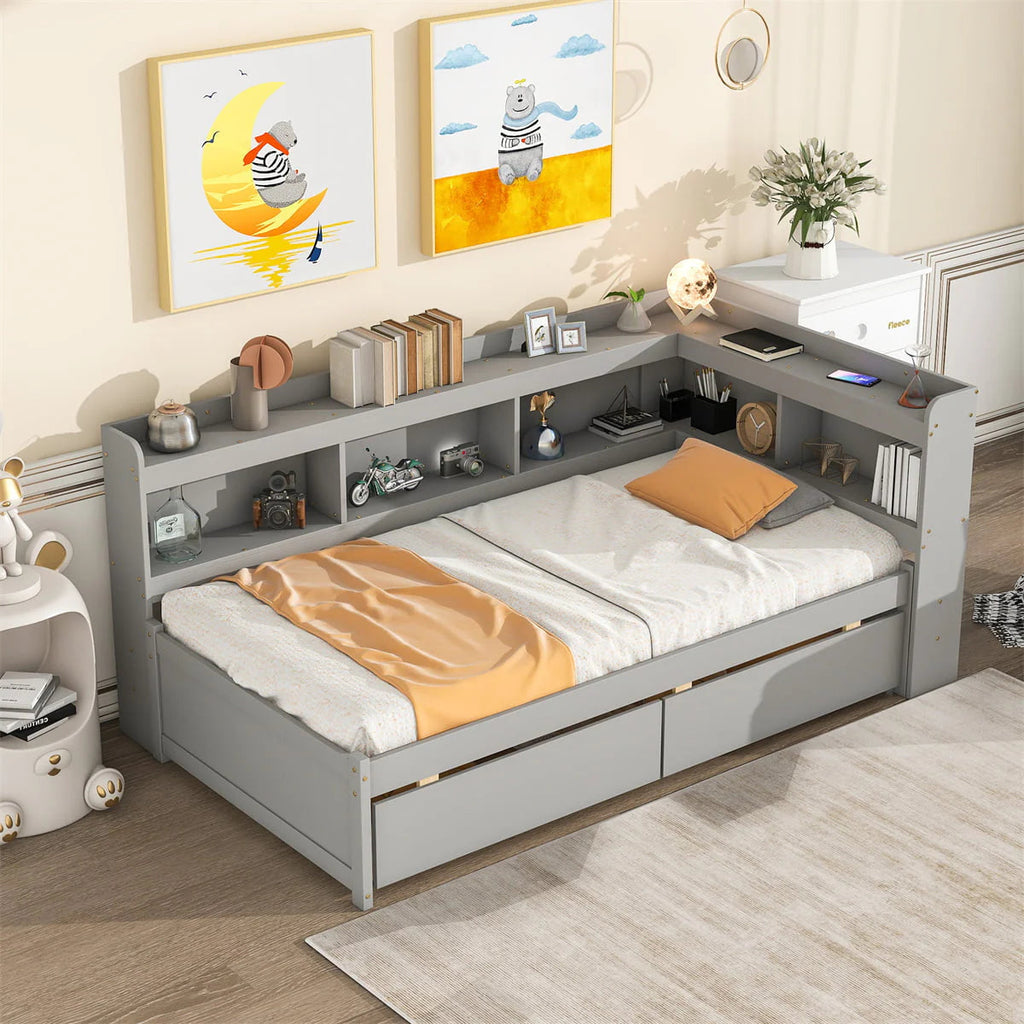 Twin Solid Wood Platform Daybed With L-Shaped Bookcases And 2 Drawers, Gray - 85.20 x 50.40 x 36.70 in