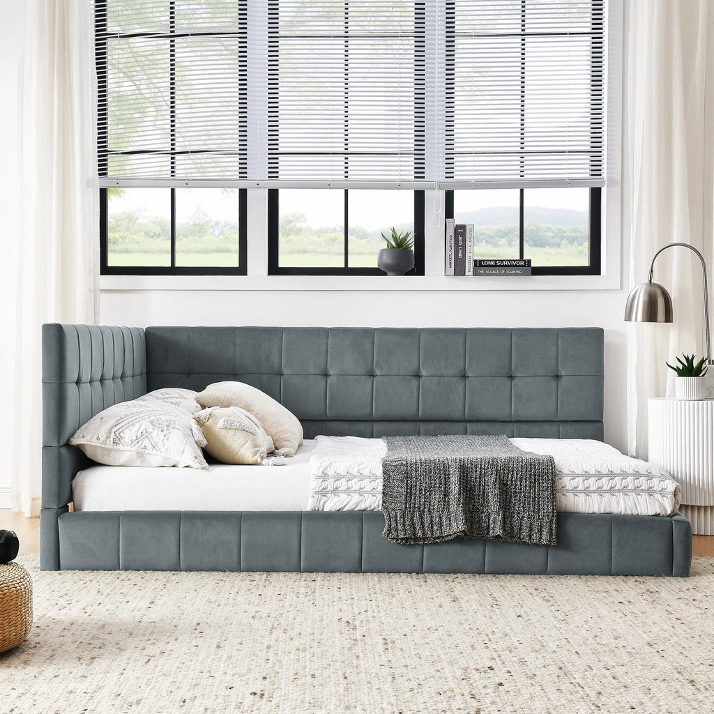 Full Upholstered Tufted Velvet Daybed Frame With Backrest And Armrests, Grey, 80.5'' x 59'' x 30.5''
