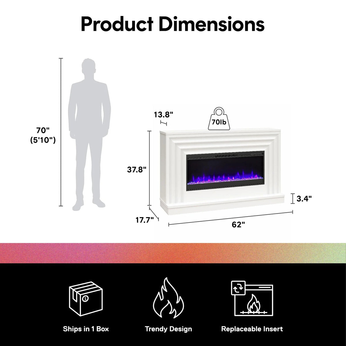 CosmoLiving by Cosmopolitan Electric Fireplace Mantel TV Stand, Black, 65 in, 42 in Insert - Rene