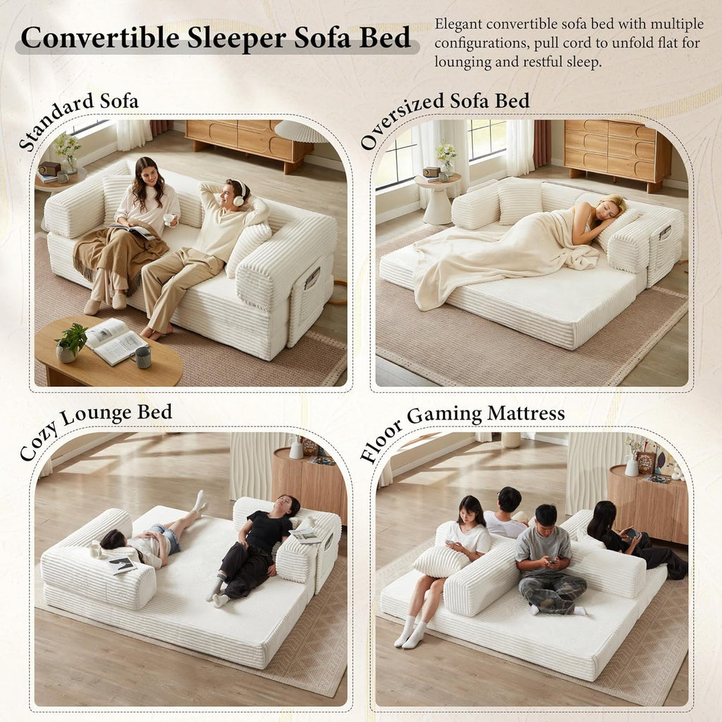 Boneless Folding Futon Sofa Bed, Fixed-Shape Corduroy Upholstered, White, 81 Inches