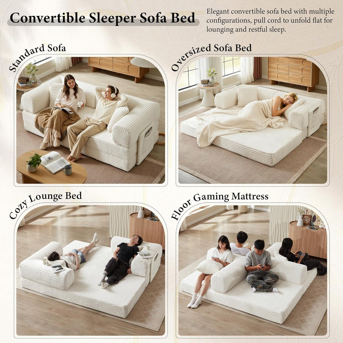 Boneless Folding Futon Sofa Bed, Fixed-Shape Corduroy Upholstered, White, 81 Inches