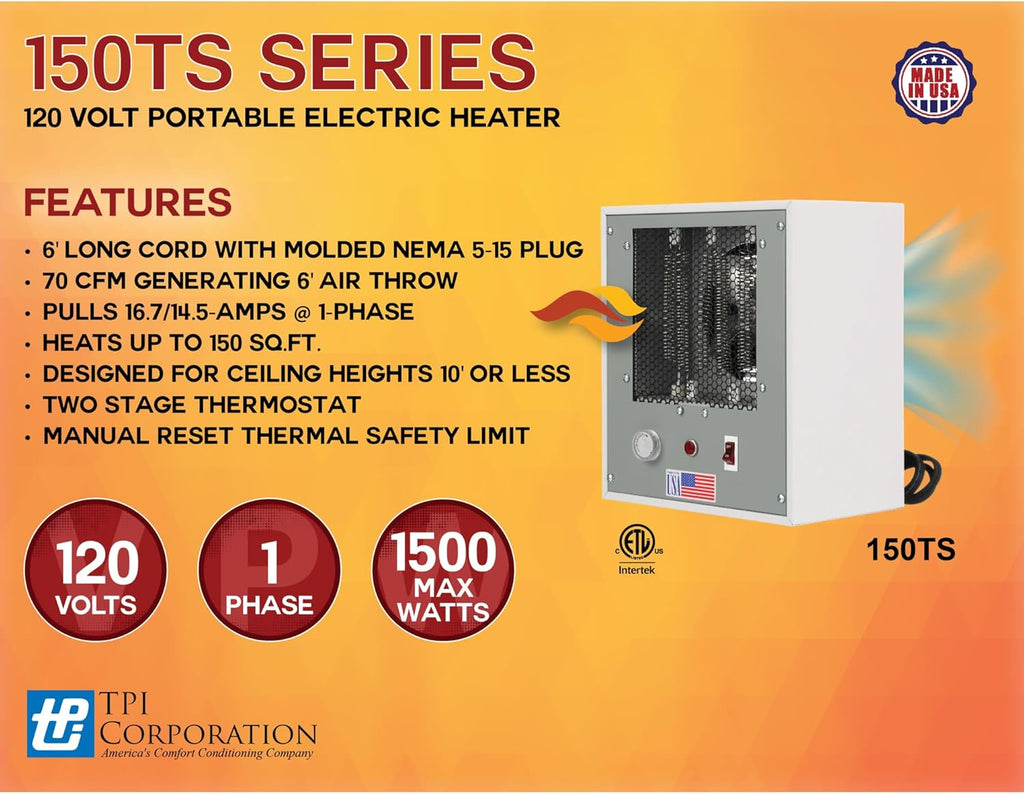 TPI Portable Electric Space Heater 120V 750W/1500W Tan - 150TS Series