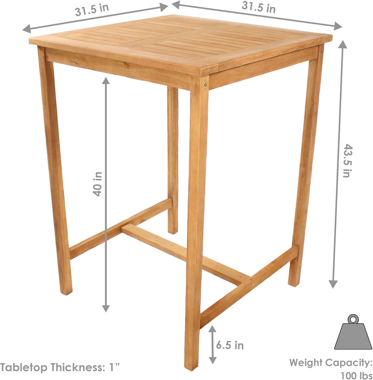 Sunnydaze Solid Teak Wood Square Patio Bar Table, 31.5in W x 31.5in D x 43.5in H
