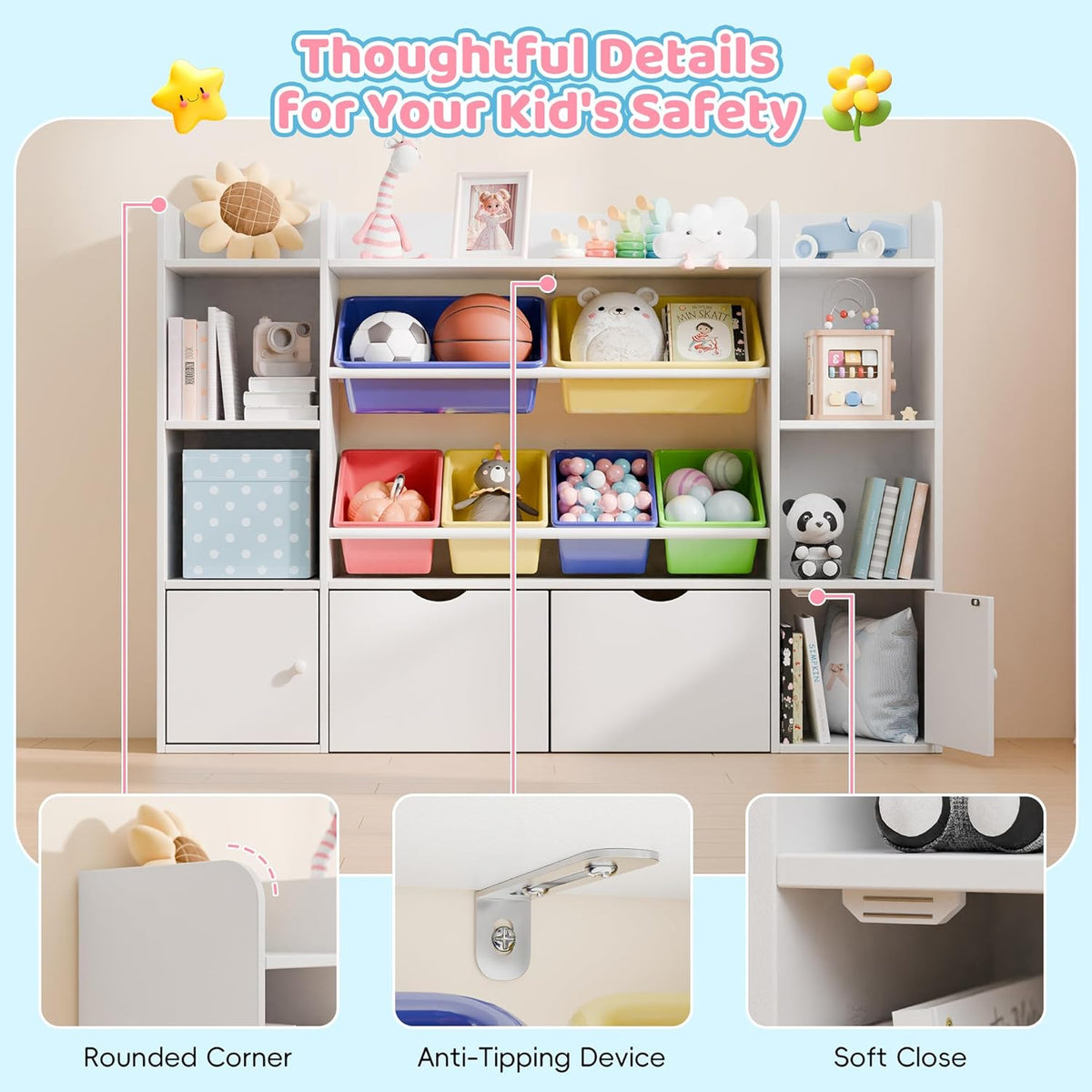 Xilingol Kids Toy Storage Organizer With 6 Removable Bins, 4-Tier Cubbies And 2 Movable Drawers