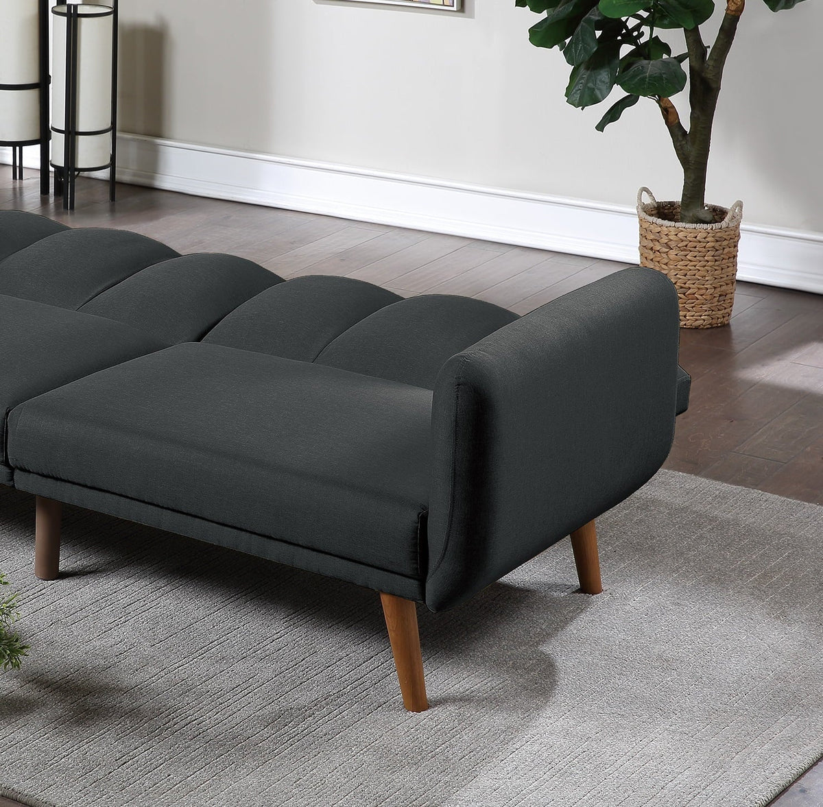 Dcenta Convertible Sofa Bed, Black Polyfiber, 1pc, Wooden Legs