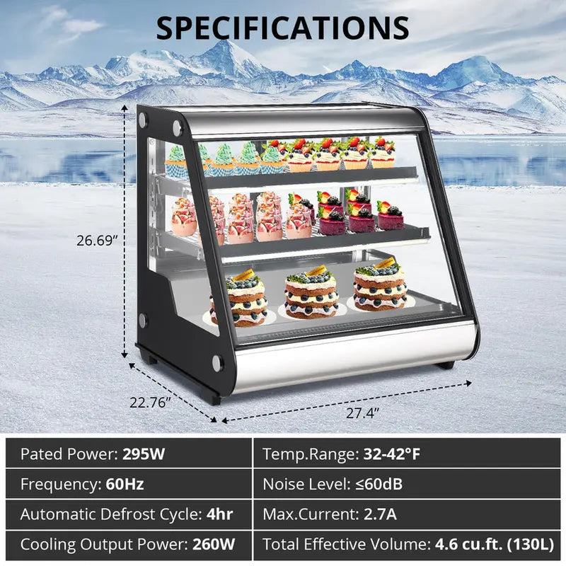 Commercial Countertop Refrigerated Display Case - 130L (4.6 Cu. Ft.), Tempered Glass, LED Lighting