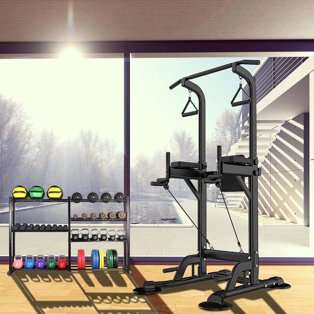 PROHIKER Power Tower Dip Station With Backrest And Resistance Band, Black