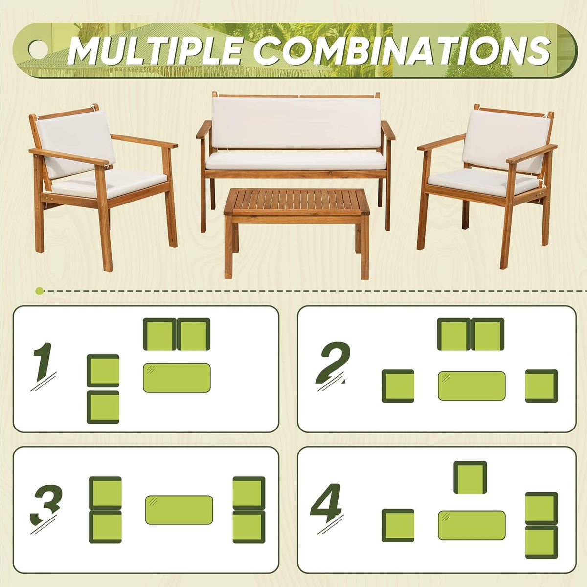 Flamaker 4-Piece Outdoor Acacia Wood Patio Conversation Sofa Set With Table And Cushions