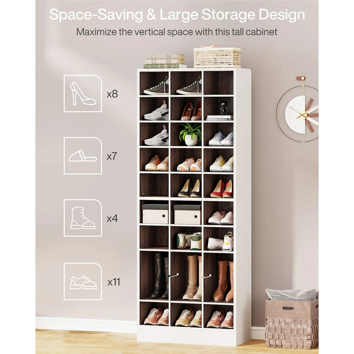 10-Tier Tall Shoe Cabinet, 30-Pair White Engineered Wood Shoe Storage Rack