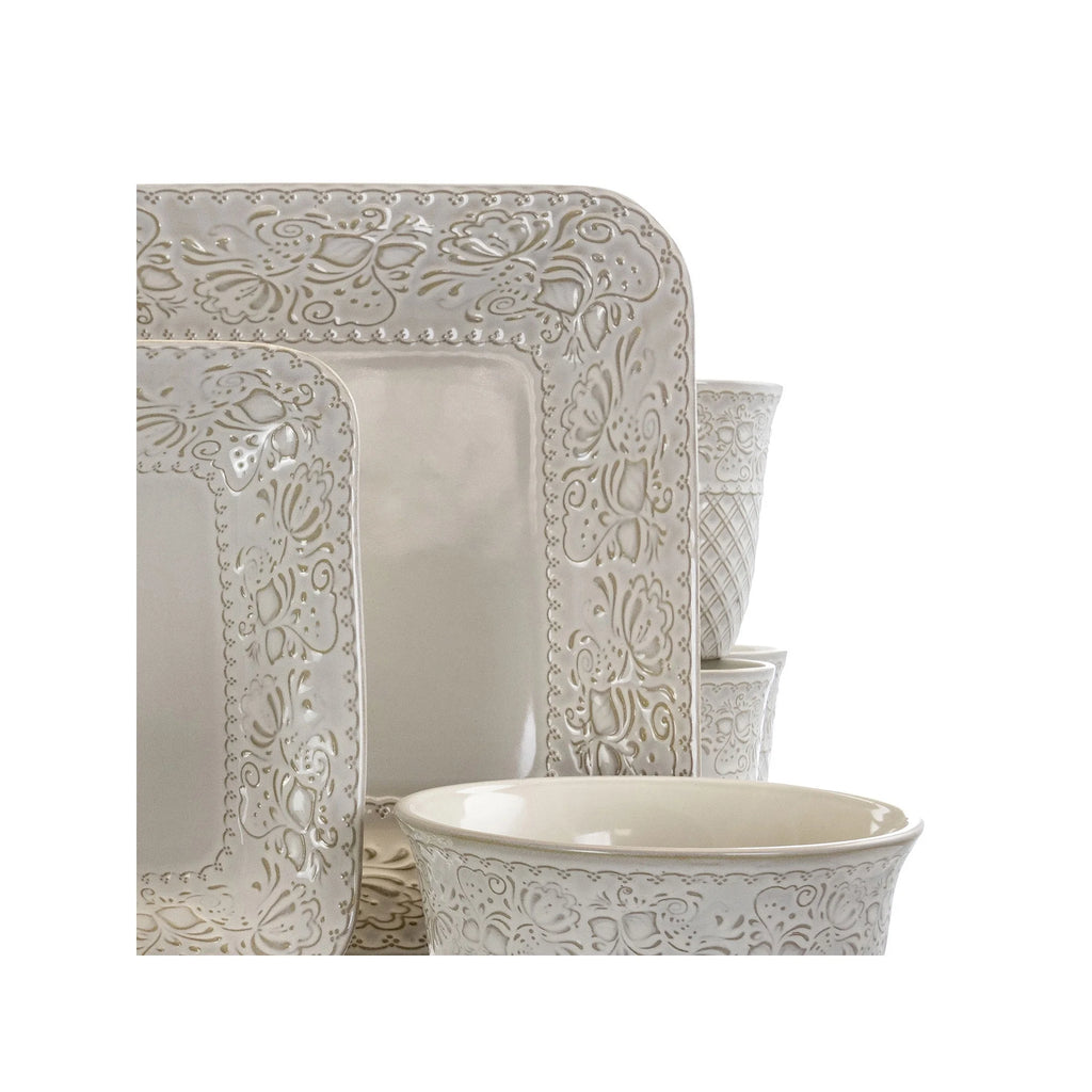 Elama Ivory Lotus 16 Piece Square Stoneware Dinnerware Set