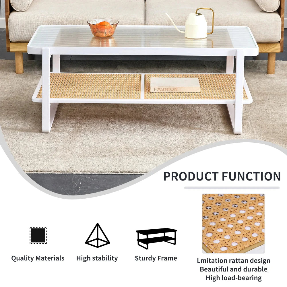 Glass Top Imitation Rattan Solid Wood Side Table, White - W1151134809