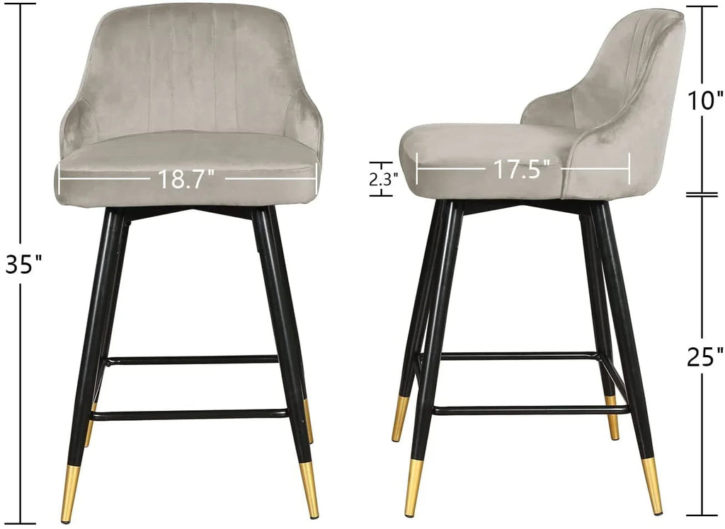 EiweLive Counter Height Swivel Bar Stools With Back, Gray Velvet, Set Of 4 - 25 in
