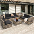 8-Piece Outdoor Wicker Rattan Sectional Patio Furniture Set With Cushions And Glass Top Storage Table - Black