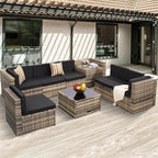 8-Piece Outdoor Wicker Rattan Sectional Patio Furniture Set With Cushions And Glass Top Storage Table - Black